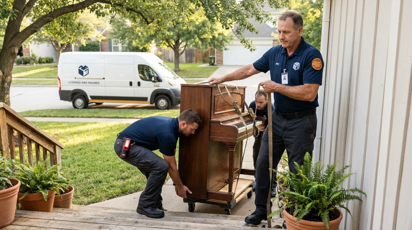 Licensed piano movers securing grand piano in Brownville, NY