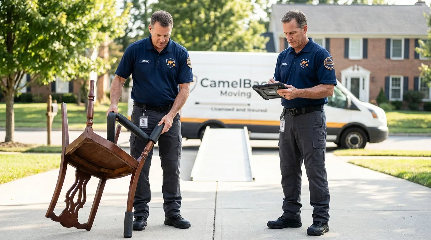Movers inspecting furniture for damage prevention before loading in Brownville, NY