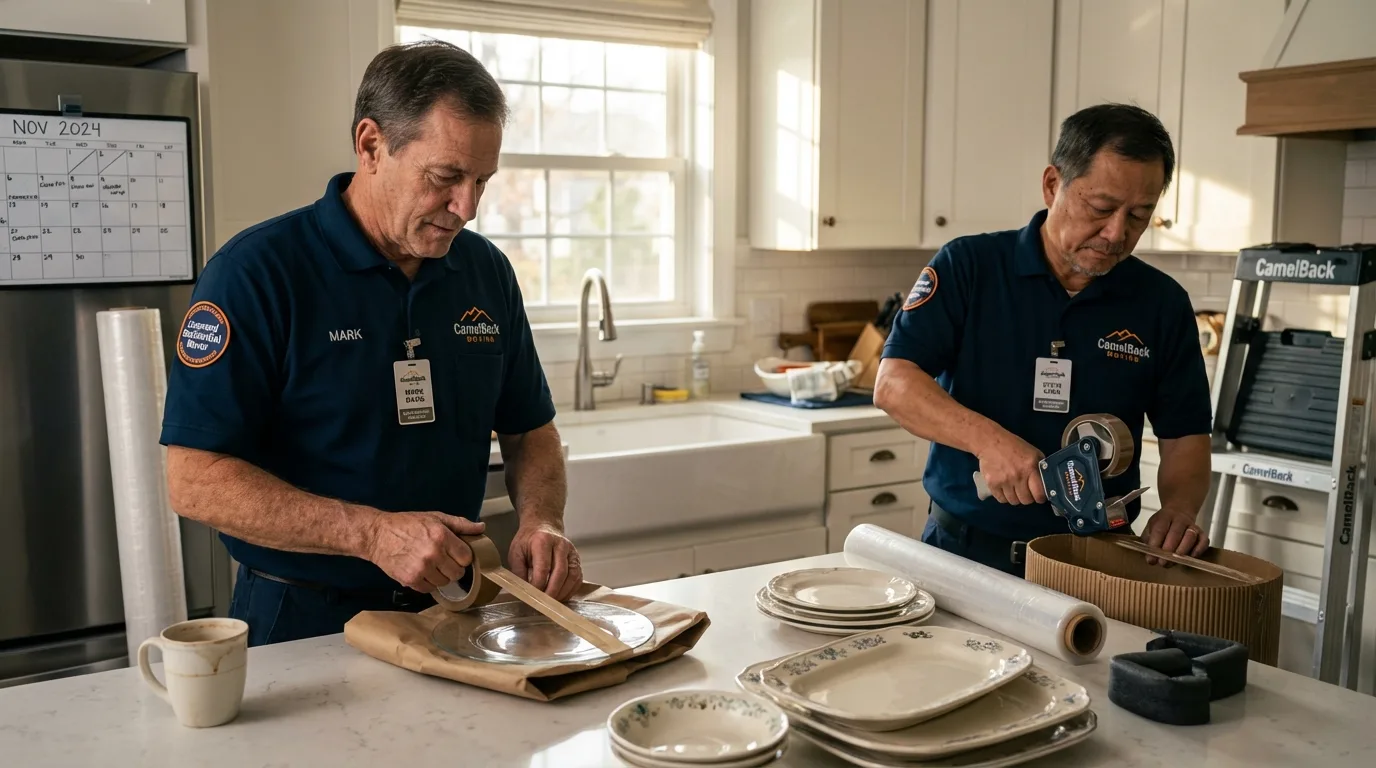 Professional crew packing kitchen dishware in Brownville, NY