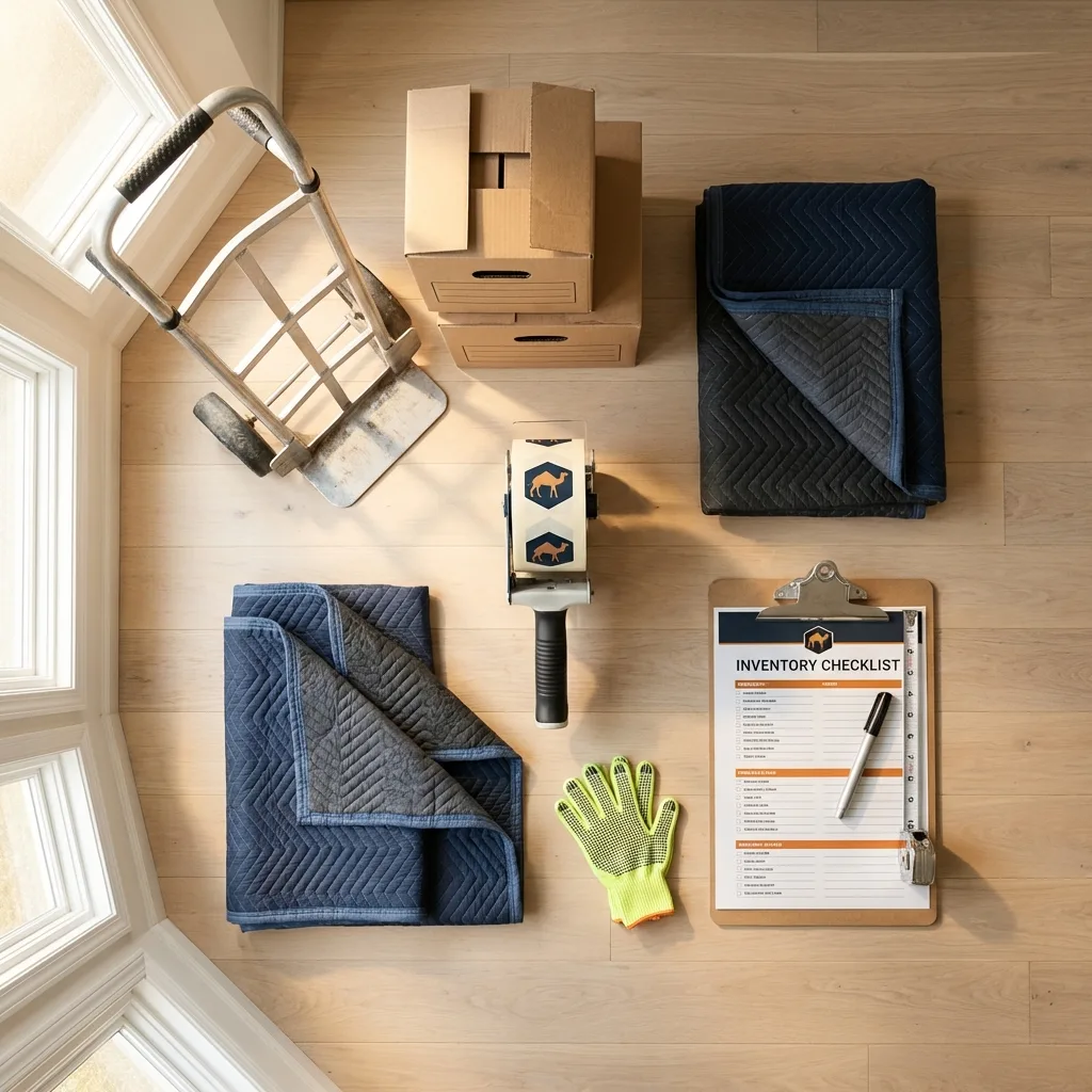 Professional moving supplies and packing materials layout for Brownville residential relocations